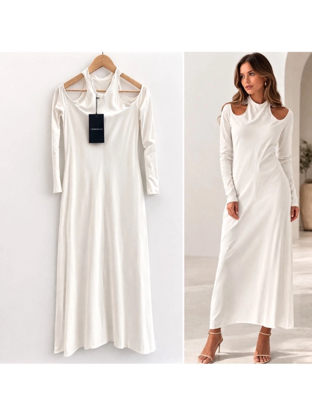 Marcella Kalene Dress Off White Long Sleeve Maxi Mock Neck Sz S NEW